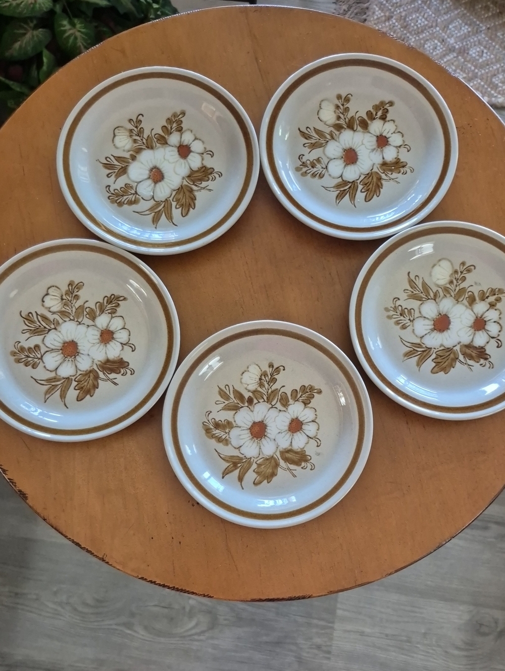 Vtg. Mountain Wood Collection Stoneware Bread Plates in Cream and Brown Set of 5